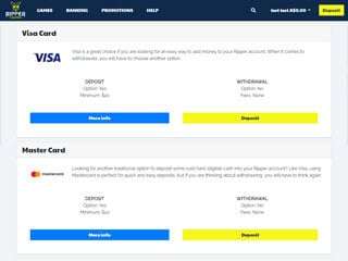 Small screenshot of Ripper Casino banking with Visa and Mastercard sections