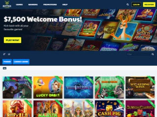 Small screenshot of the Ripper Casino lobby with a welcome bonus line and slot tiles