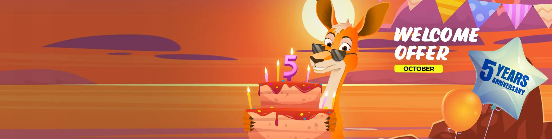 Wide Ripper Casino banner showing a kangaroo with a cake and a 5-year anniversary balloon
